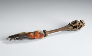Fly-Whisk Handle, with notched octagonal grip terminating in a carved bifrontal figure of a god, Society Islands, Tahiti